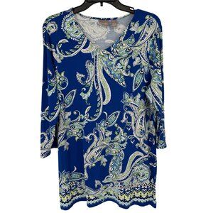 Chicos 2 Womens Paisley Print V-Neck Tunic Top Size size large Blue
